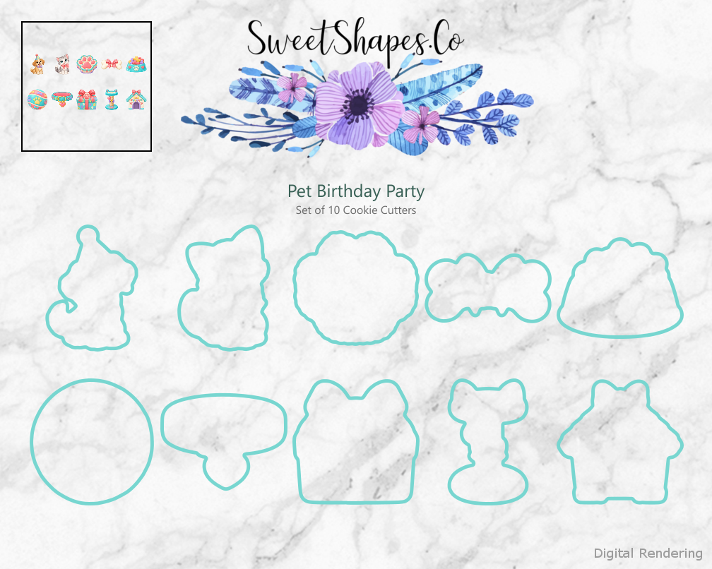 Pet Birthday Party Cookie Cutters - Set of 10 - cutting outline overview