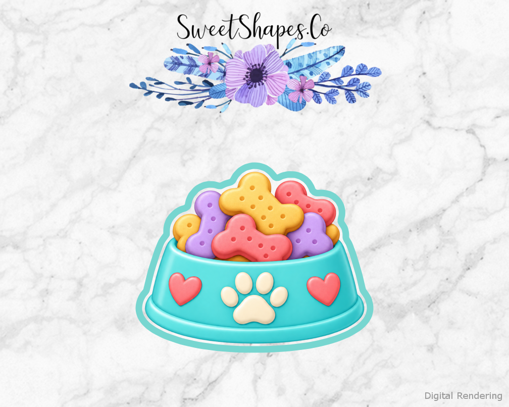 Pet Party Treat-Filled Pet Bowl cookie cutter artwork with teal cutting outline - part of the Pet Birthday Party set