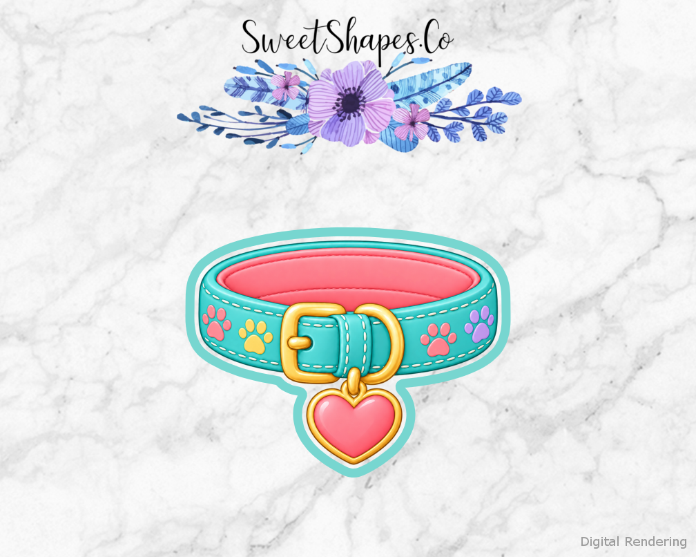 Pet Party Heart-Tag Collar cookie cutter artwork with teal cutting outline - part of the Pet Birthday Party set