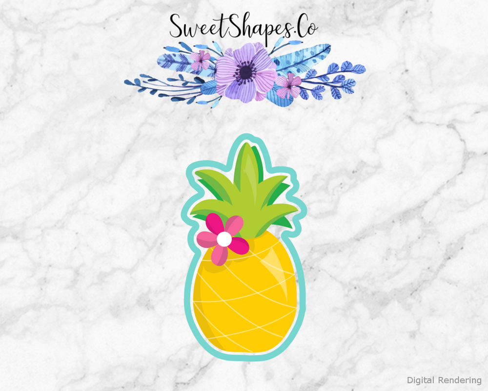 Pineapple with Flower Cookie Cutter — artwork with a close-fitting teal outline