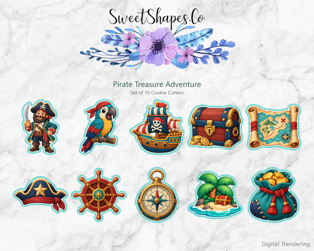 Pirate Treasure Adventure Cookie Cutters - Set of 10 - full colour overview with cutting outlines
