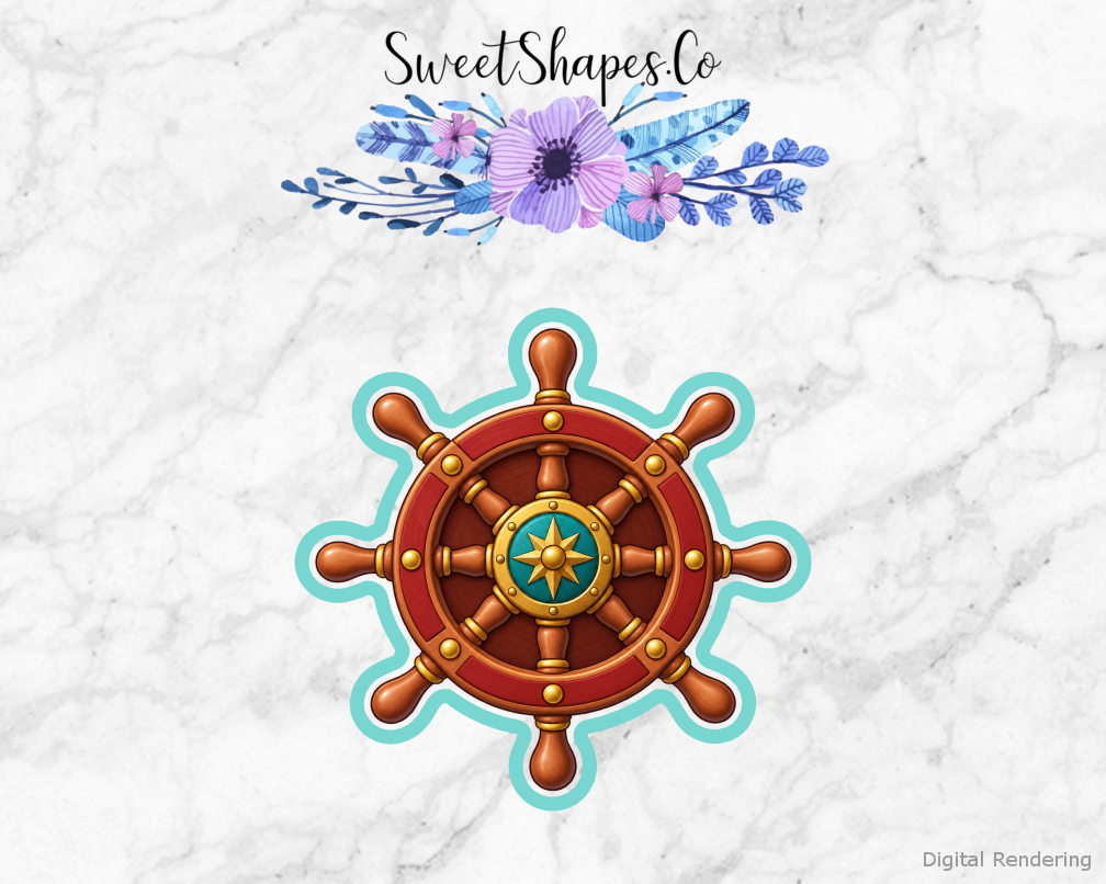 Pirate Adventure Ship Wheel cookie cutter artwork with teal cutting outline - part of the Pirate Treasure Adventure set