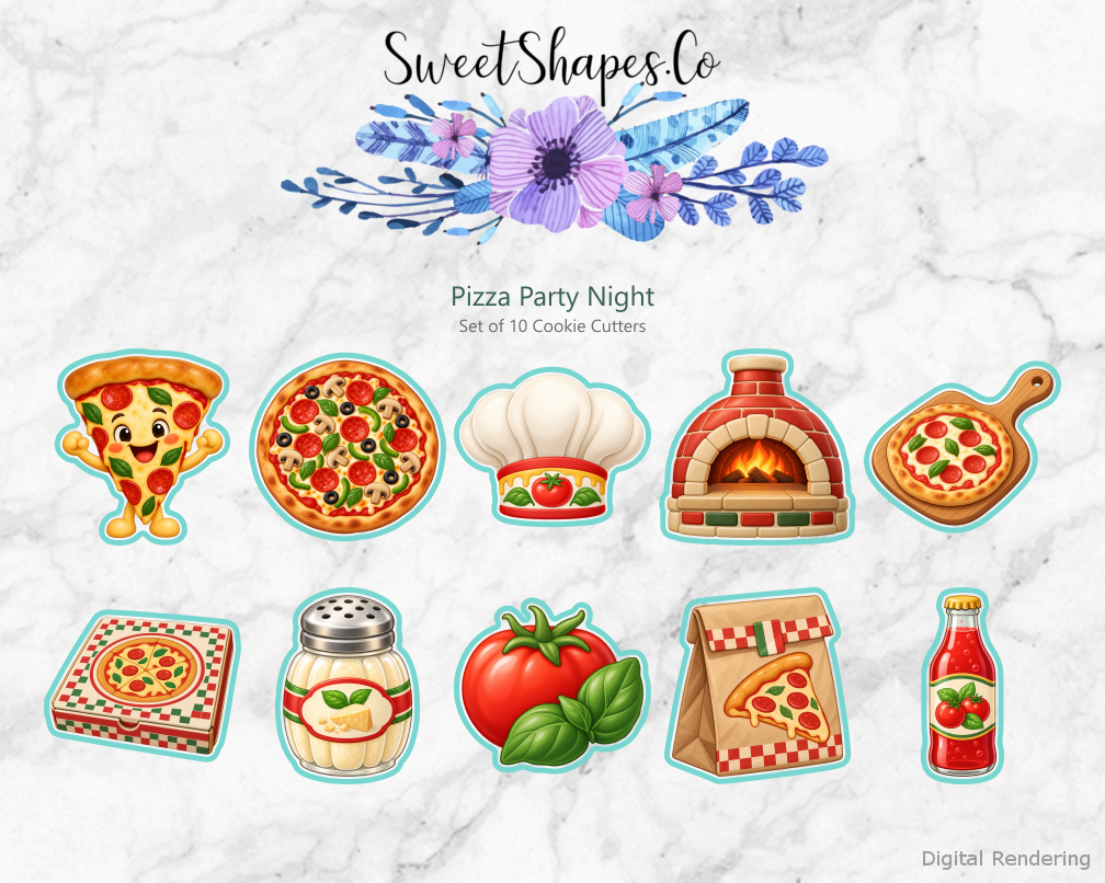 Pizza Party Night Cookie Cutters - Set of 10 - full colour overview with cutting outlines