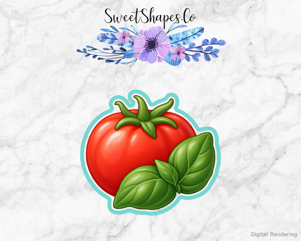 Pizza Party Tomato with Basil Leaf cookie cutter artwork with teal cutting outline - part of the Pizza Party Night set