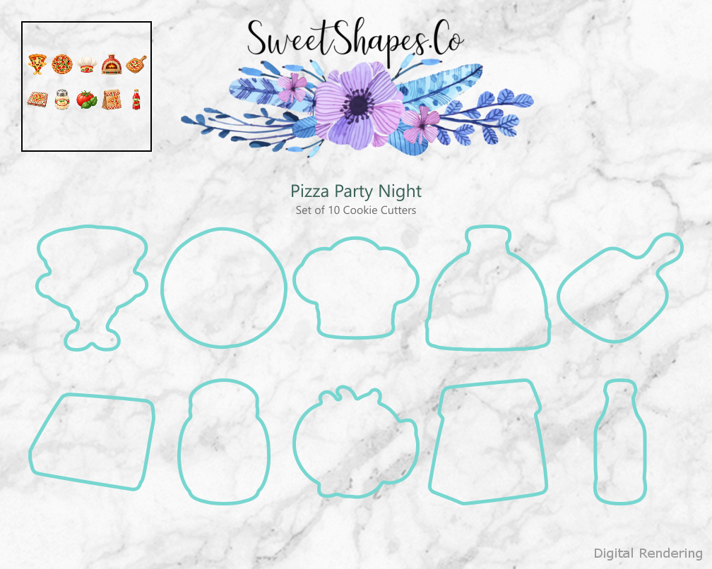 Pizza Party Night Cookie Cutters - Set of 10 - cutting outline overview