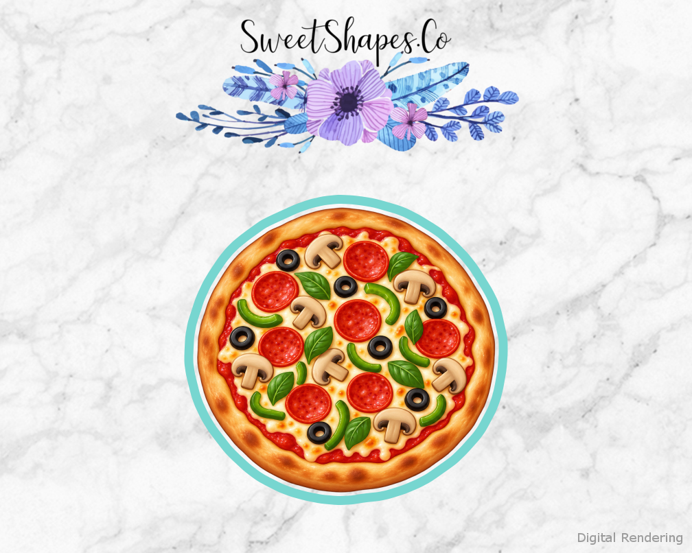 Pizza Party Whole Pizza with Bold Toppings cookie cutter artwork with teal cutting outline - part of the Pizza Party Night set