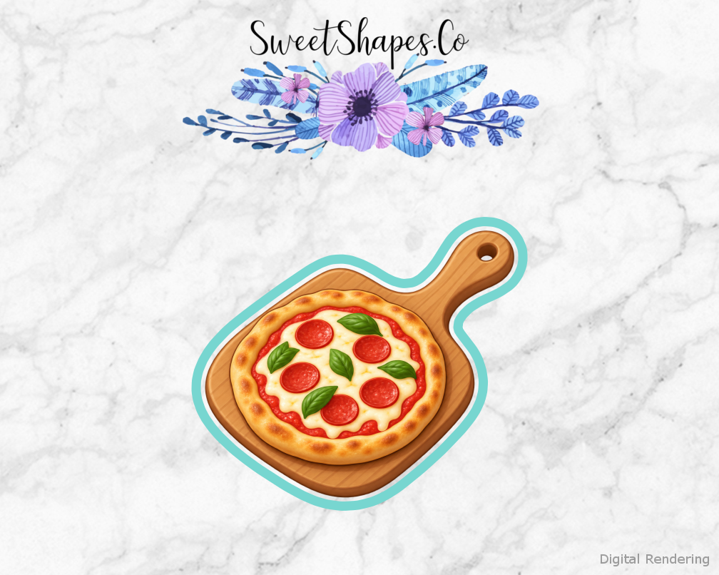 Pizza Party Pizza Peel with Small Pizza cookie cutter artwork with teal cutting outline - part of the Pizza Party Night set