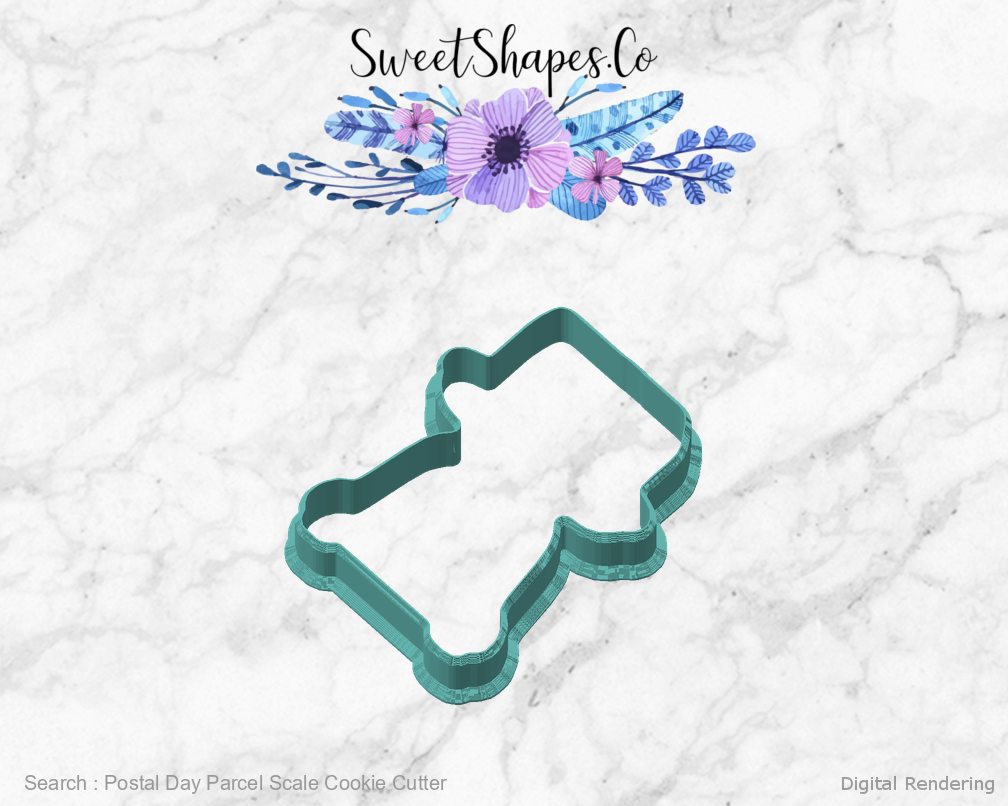 Postal Day Parcel Scale Cookie Cutter - manufacturing view 45 degrees