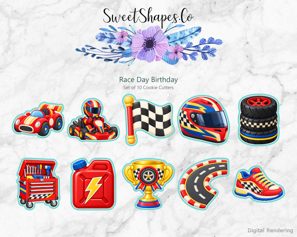 Race Day Birthday Cookie Cutters - Set of 10 - full colour overview with cutting outlines