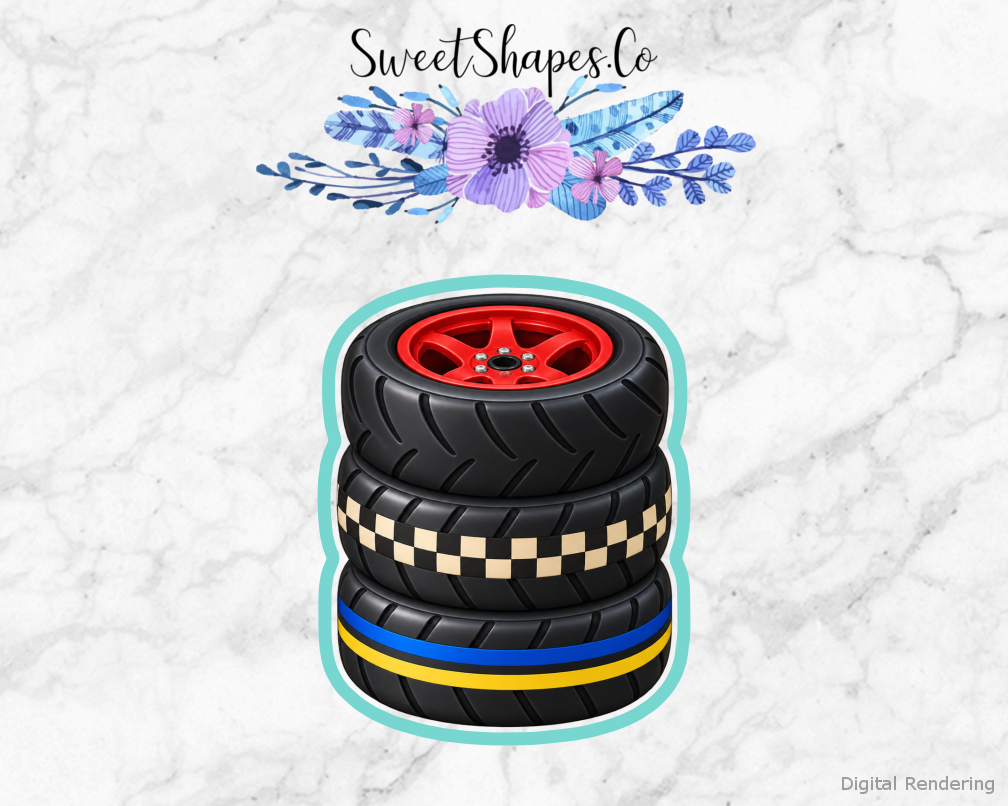 Race Day Stacked Racing Tires cookie cutter artwork with teal cutting outline - part of the Race Day Birthday set