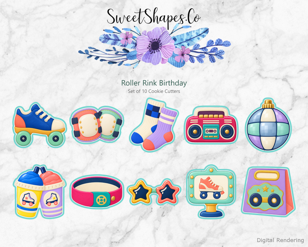 Roller Rink Birthday Cookie Cutters - Set of 10 - full colour overview with cutting outlines