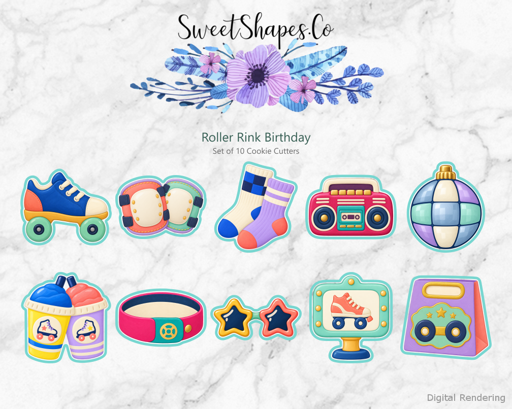 Roller Rink Birthday Cookie Cutters - Set of 10 - full colour overview with cutting outlines