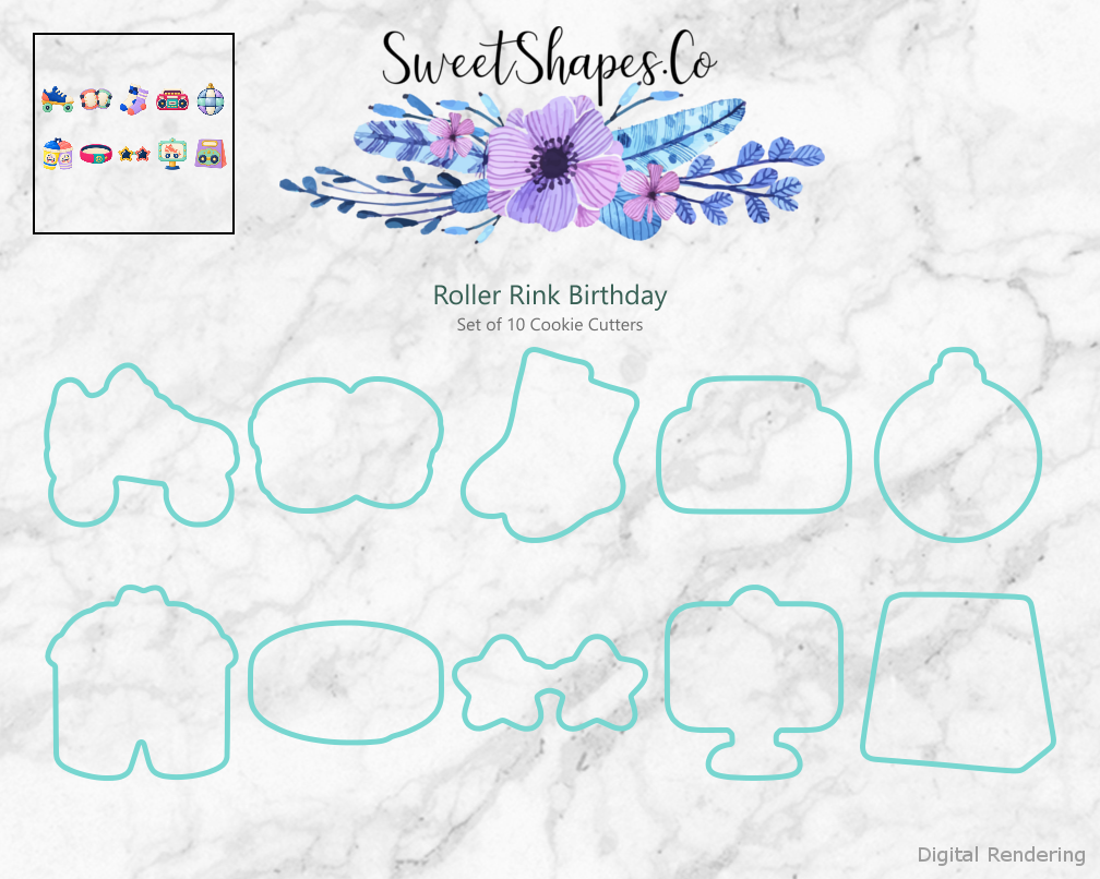 Roller Rink Birthday Cookie Cutters - Set of 10 - cutting outline overview