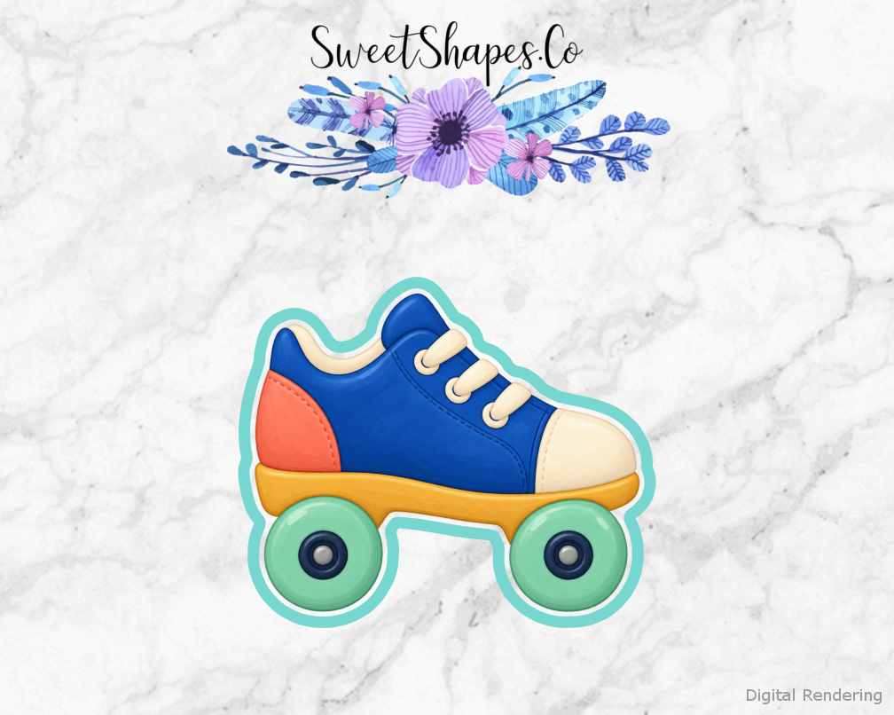 Roller Rink Low Top Skate cookie cutter artwork with teal cutting outline - part of the Roller Rink Birthday set