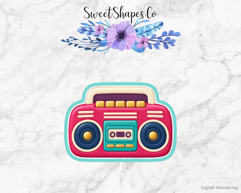 Roller Rink Party Boombox cookie cutter artwork with teal cutting outline - part of the Roller Rink Birthday set