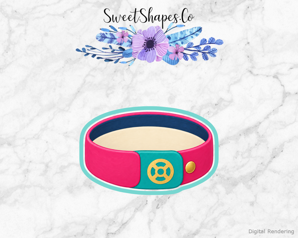Roller Rink Admission Wristband cookie cutter artwork with teal cutting outline - part of the Roller Rink Birthday set
