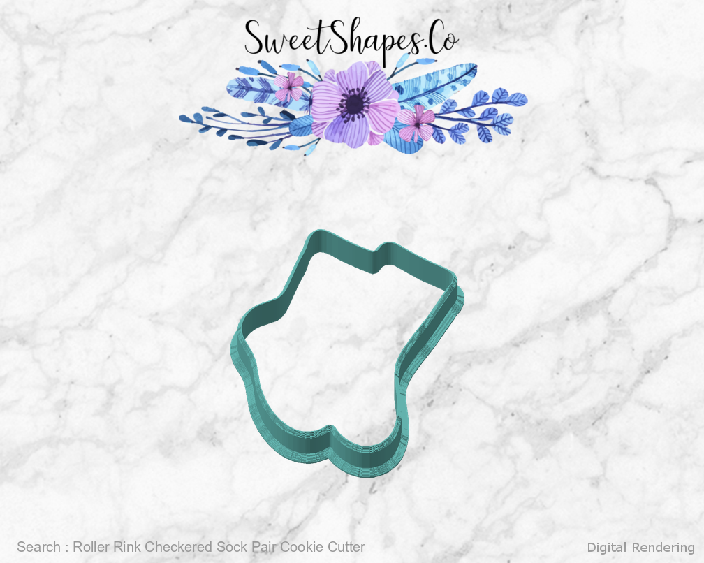 Roller Rink Checkered Sock Pair Cookie Cutter - front 45 degrees manufacturing view