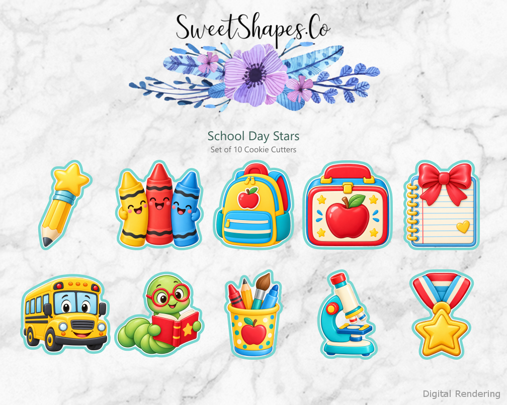 School Day Stars Cookie Cutters - Set of 10 - full colour overview with cutting outlines