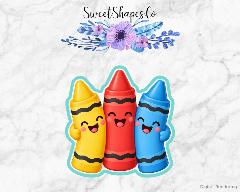 School Star Happy Crayon Trio cookie cutter artwork with teal cutting outline - part of the School Day Stars set