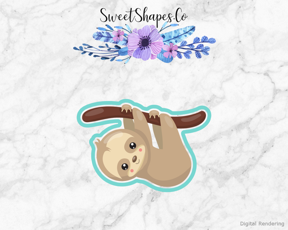 Sloth on a Tree Branch Cookie Cutter — artwork with a close-fitting teal outline