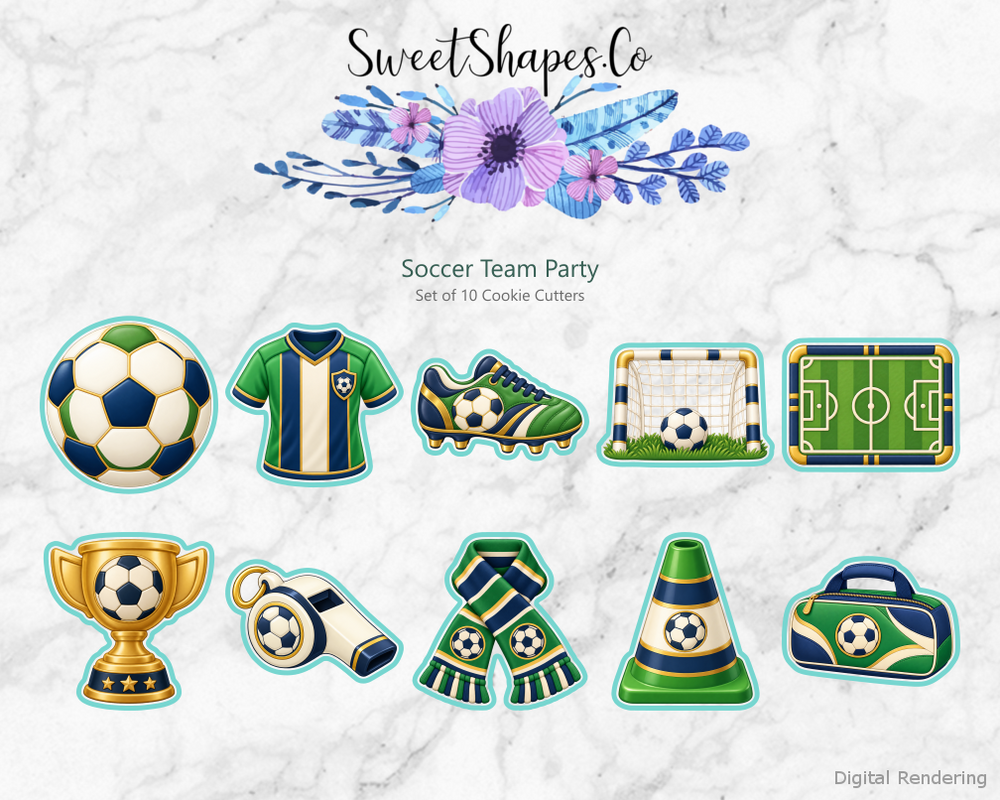Soccer Team Party Cookie Cutters - Set of 10 - full colour overview with cutting outlines