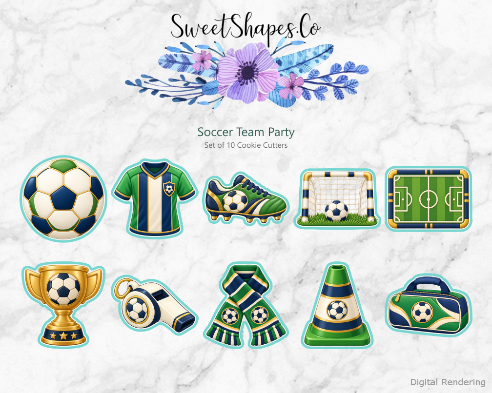 Soccer Team Party Cookie Cutters - Set of 10 - full colour overview with cutting outlines