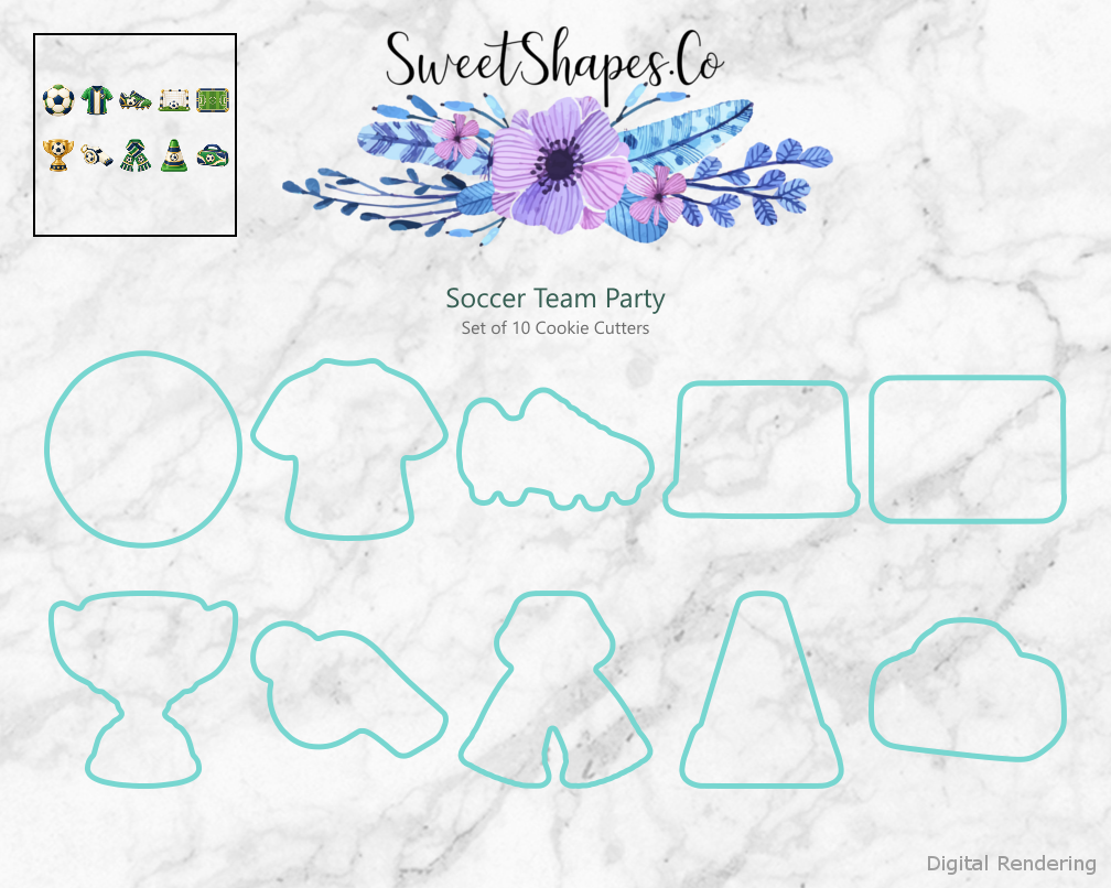 Soccer Team Party Cookie Cutters - Set of 10 - cutting outline overview