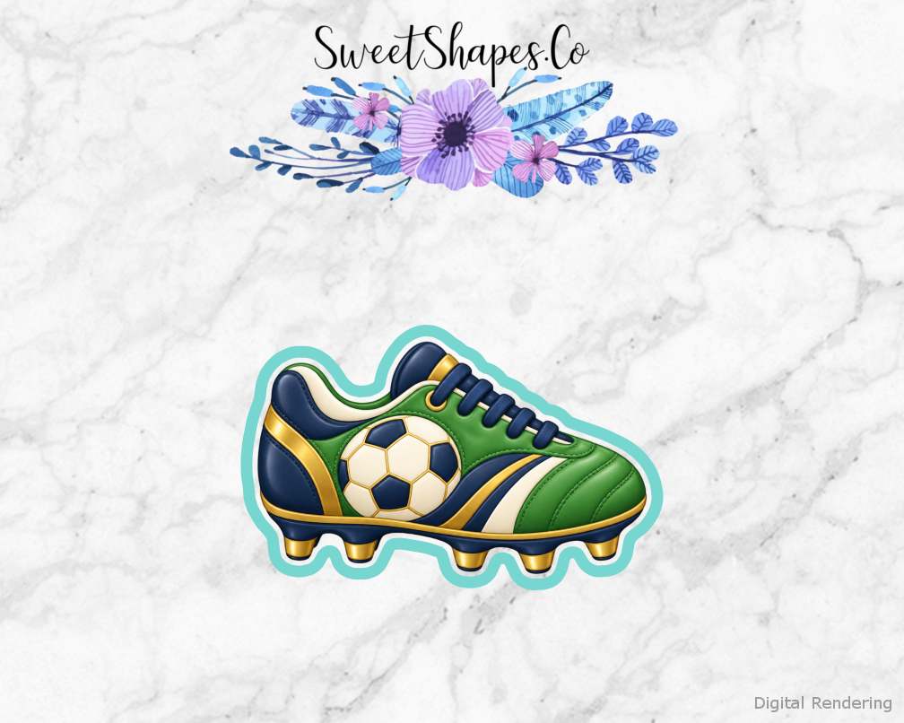 Team Soccer Rounded Soccer Cleat cookie cutter artwork with teal cutting outline - part of the Soccer Team Party set