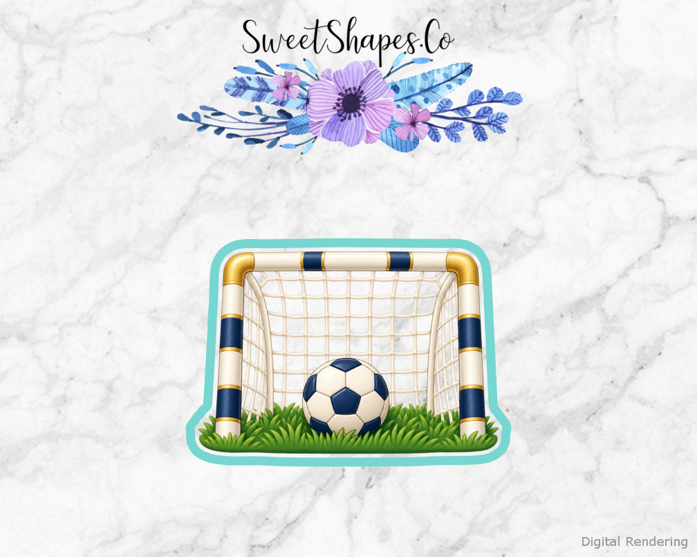 Team Soccer Goal with Ball cookie cutter artwork with teal cutting outline - part of the Soccer Team Party set
