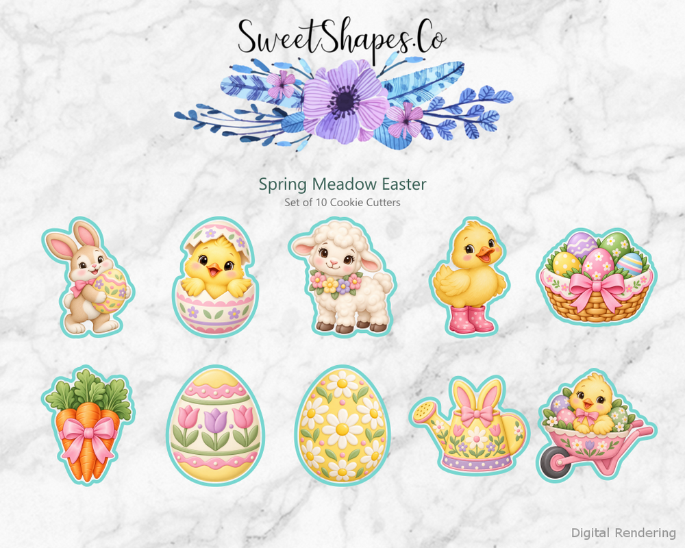 Spring Meadow Easter Cookie Cutters - Set of 10 - full colour overview with cutting outlines