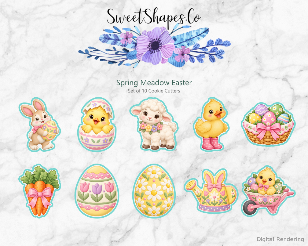 Spring Meadow Easter Cookie Cutters - Set of 10 - full colour overview with cutting outlines