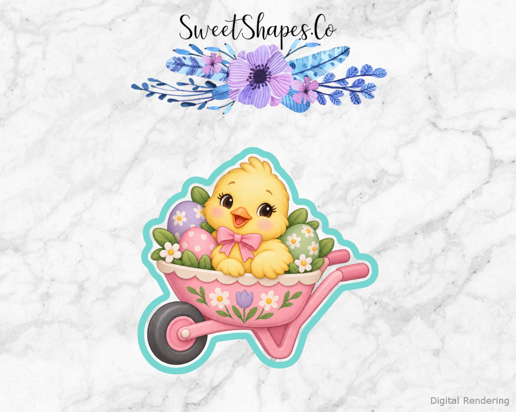 Meadow Easter Chick In A Wheelbarrow cookie cutter artwork with teal cutting outline - part of the Spring Meadow Easter set