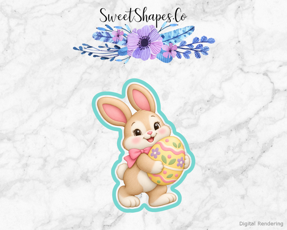 Meadow Easter Bunny Carrying An Egg cookie cutter artwork with teal cutting outline - part of the Spring Meadow Easter set