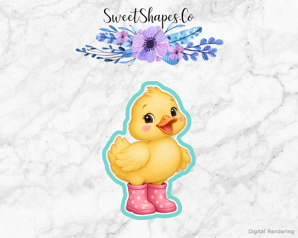 Meadow Easter Duck In Rain Boots cookie cutter artwork with teal cutting outline - part of the Spring Meadow Easter set