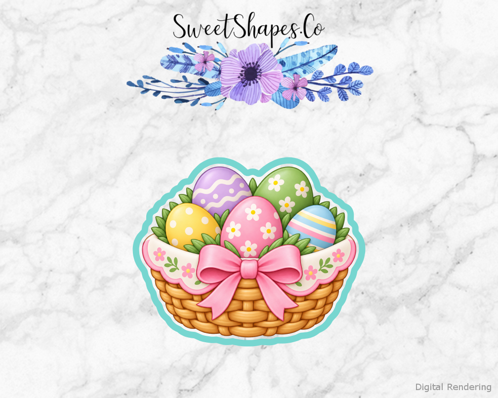 Meadow Easter Basket Of Eggs cookie cutter artwork with teal cutting outline - part of the Spring Meadow Easter set