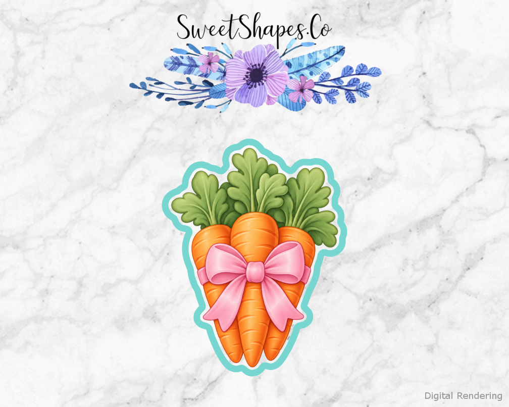 Meadow Easter Bow-Wrapped Carrots cookie cutter artwork with teal cutting outline - part of the Spring Meadow Easter set
