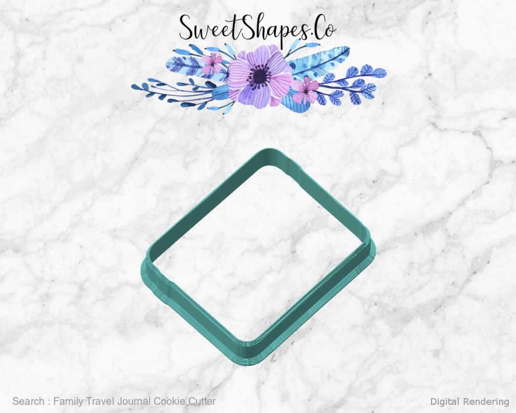 Family Travel Journal Cookie Cutter — angled front view