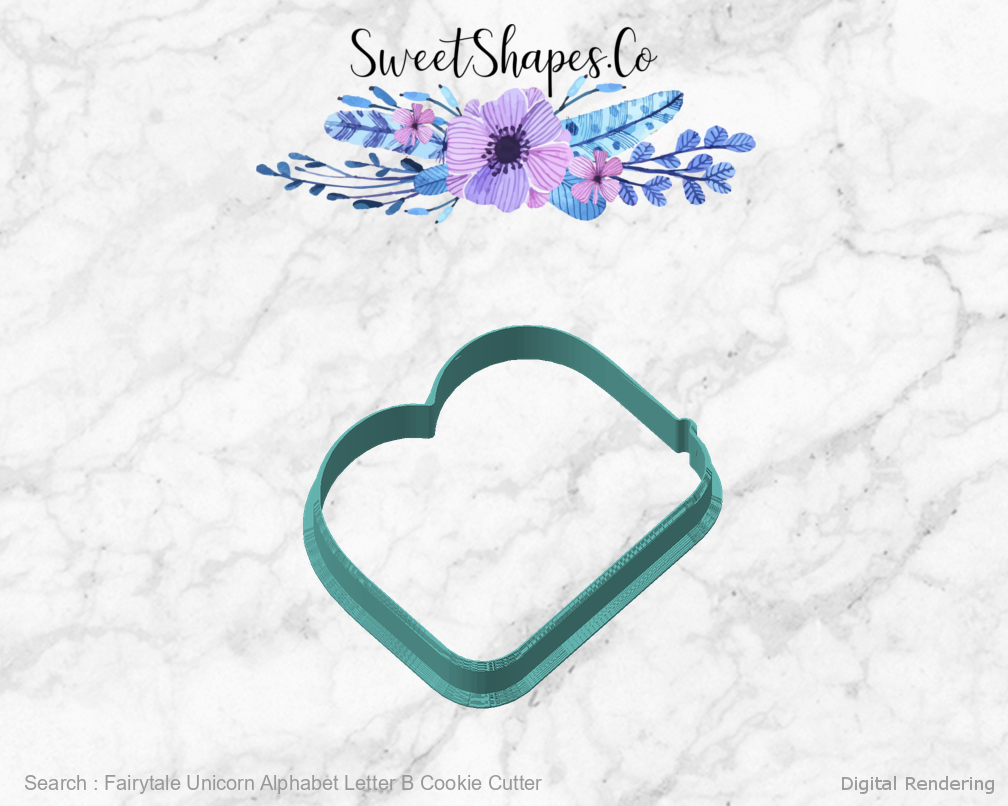 Fairytale Unicorn Alphabet Letter B Cookie Cutter — angled front view