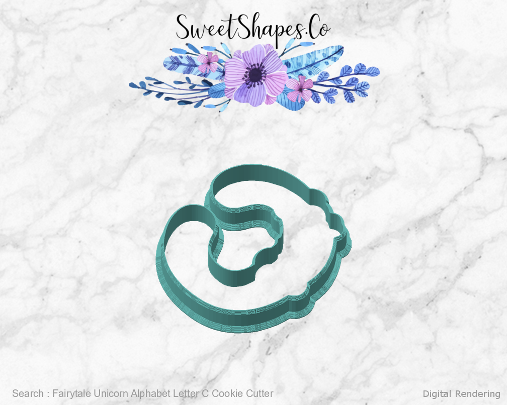 Fairytale Unicorn Alphabet Letter C Cookie Cutter — angled front view