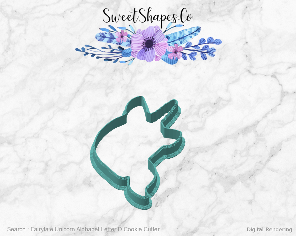 Fairytale Unicorn Alphabet Letter D Cookie Cutter — angled front view