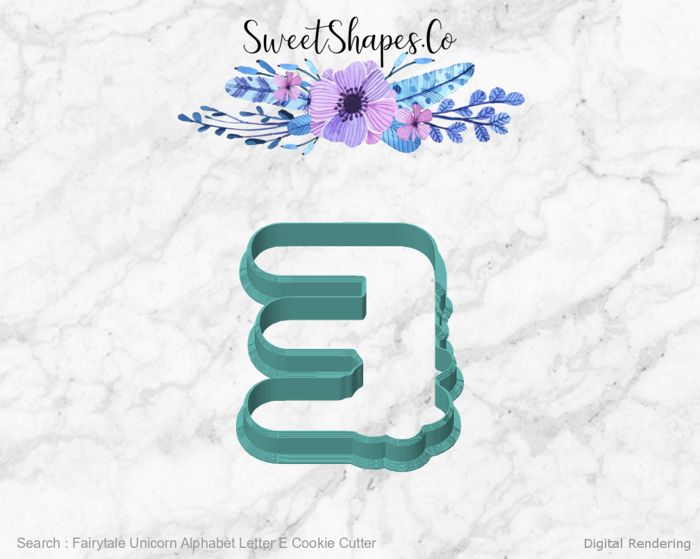 Fairytale Unicorn Alphabet Letter E Cookie Cutter — front view