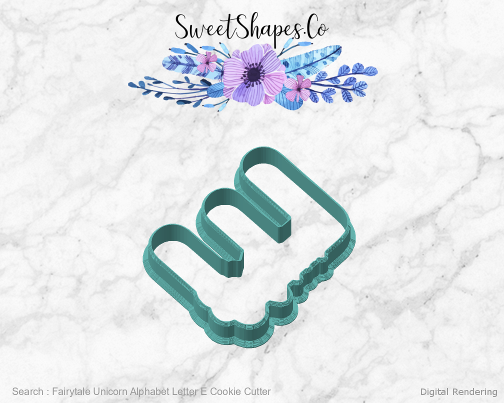 Fairytale Unicorn Alphabet Letter E Cookie Cutter — angled front view