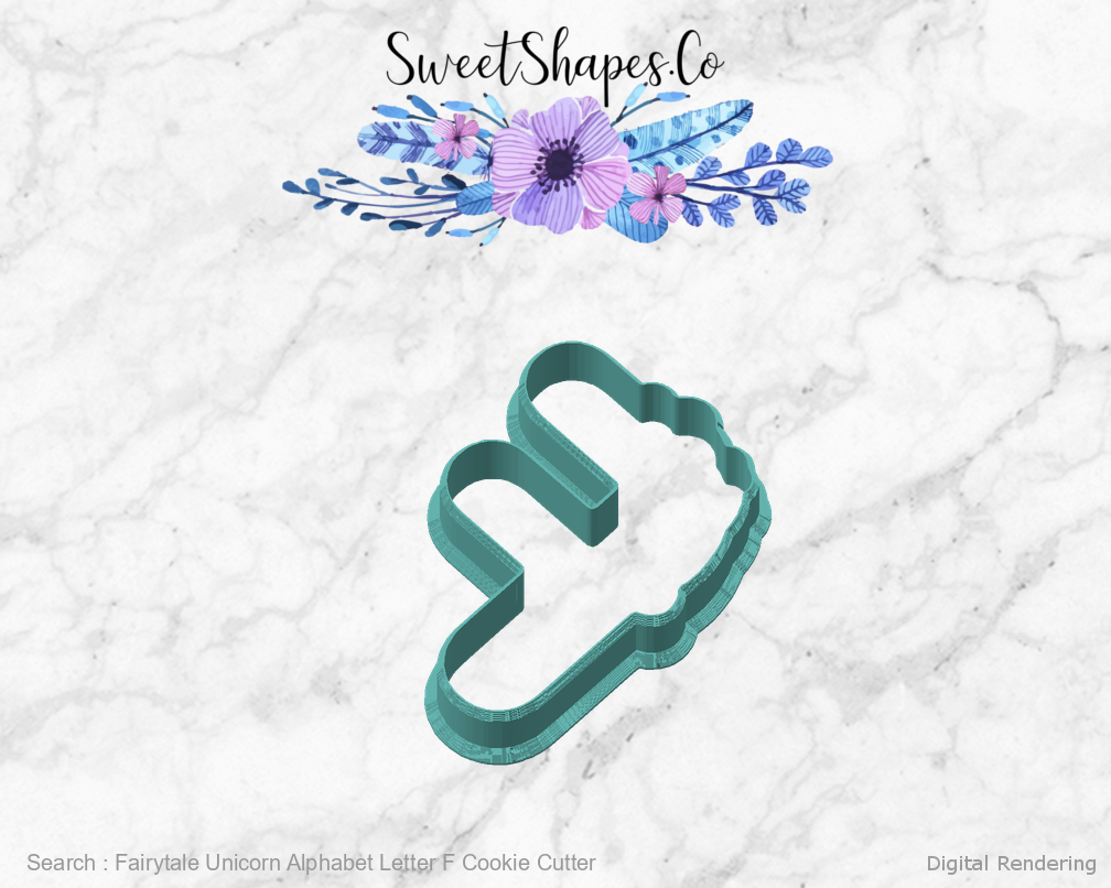 Fairytale Unicorn Alphabet Letter F Cookie Cutter — angled front view