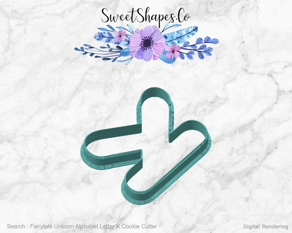 Fairytale Unicorn Alphabet Letter K Cookie Cutter — angled front view