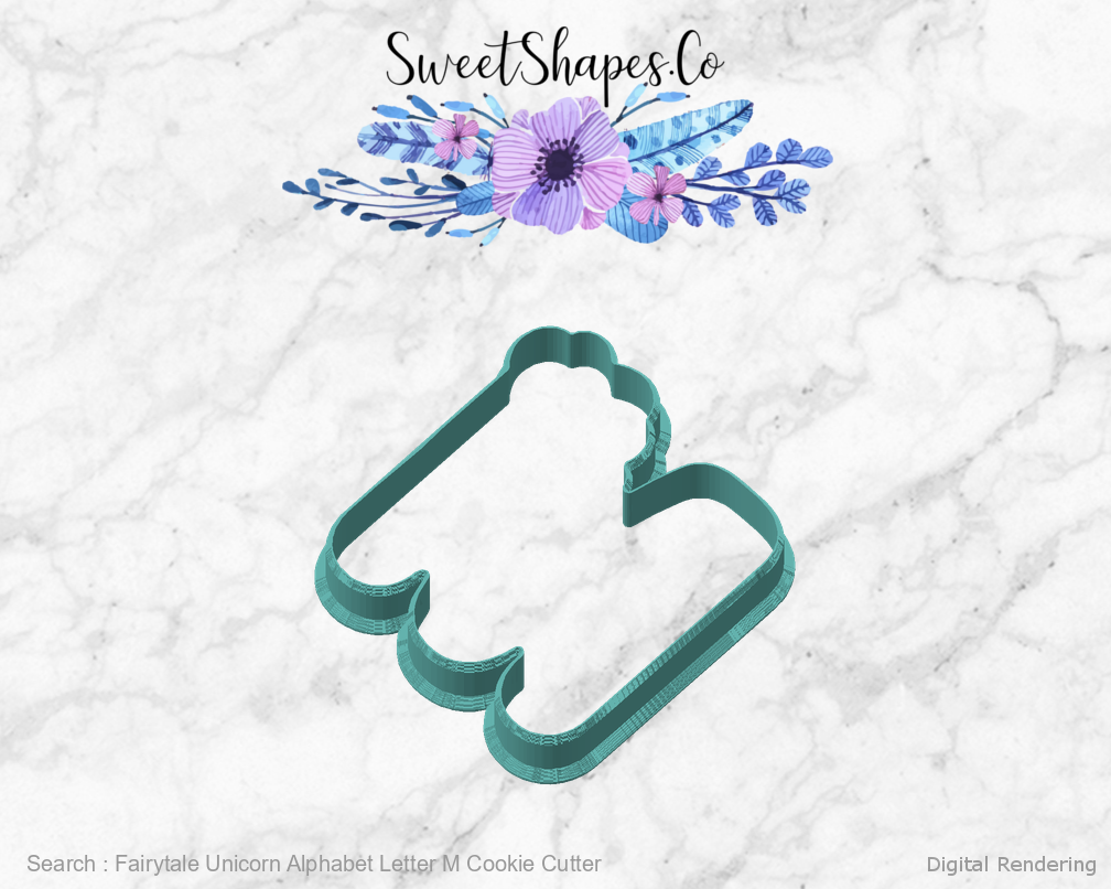 Fairytale Unicorn Alphabet Letter M Cookie Cutter — angled front view