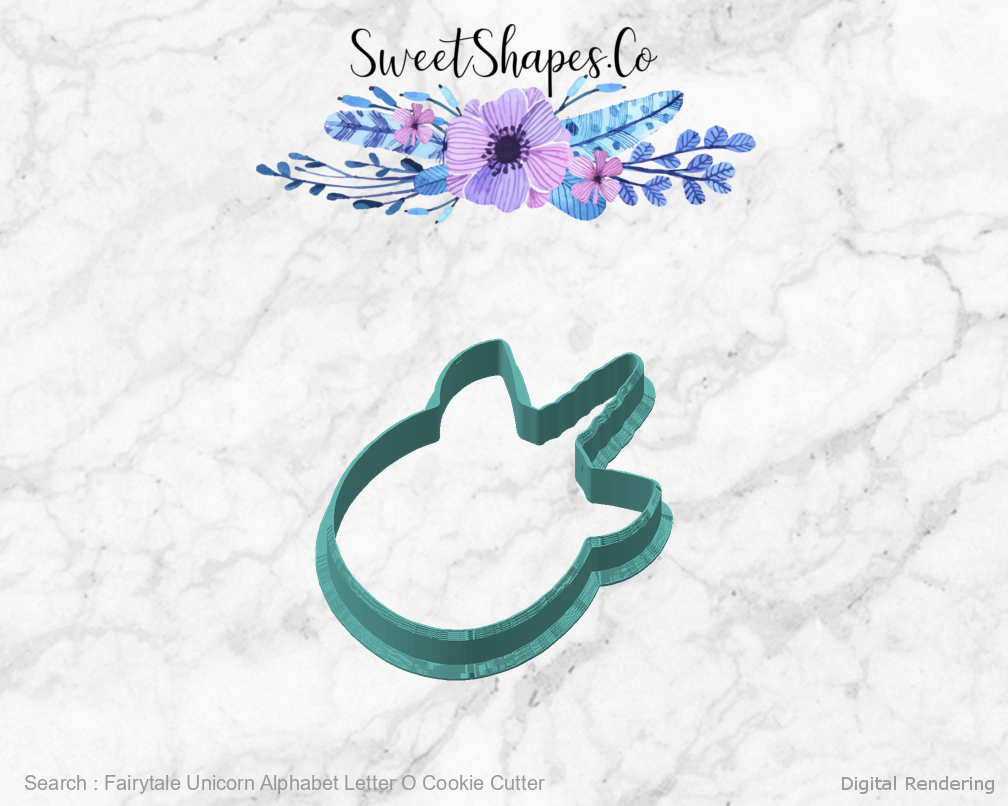 Fairytale Unicorn Alphabet Letter O Cookie Cutter — angled front view