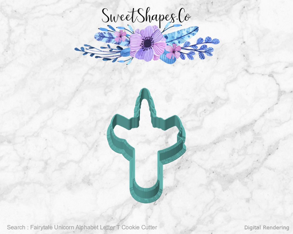 Fairytale Unicorn Alphabet Letter T Cookie Cutter — front view