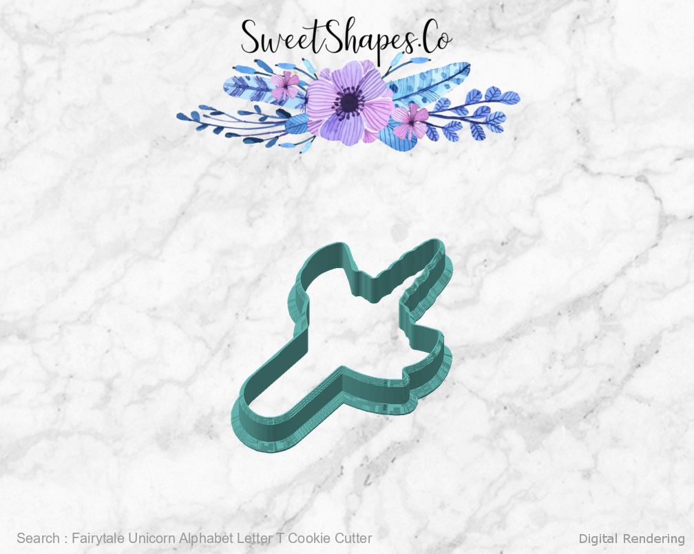Fairytale Unicorn Alphabet Letter T Cookie Cutter — angled front view