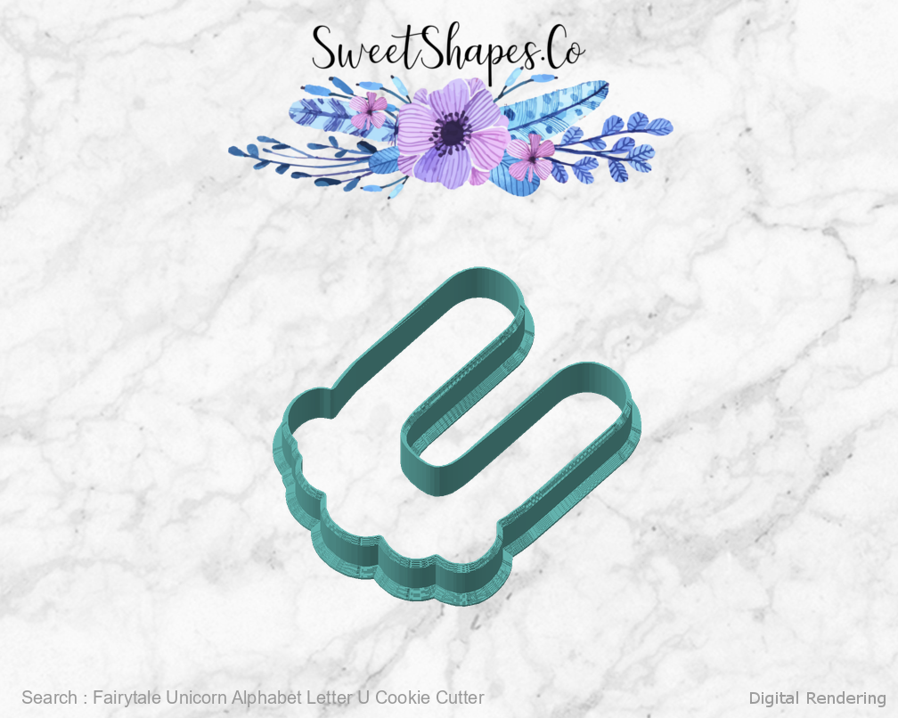 Fairytale Unicorn Alphabet Letter U Cookie Cutter — angled front view