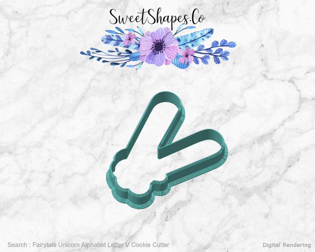 Fairytale Unicorn Alphabet Letter V Cookie Cutter — angled front view